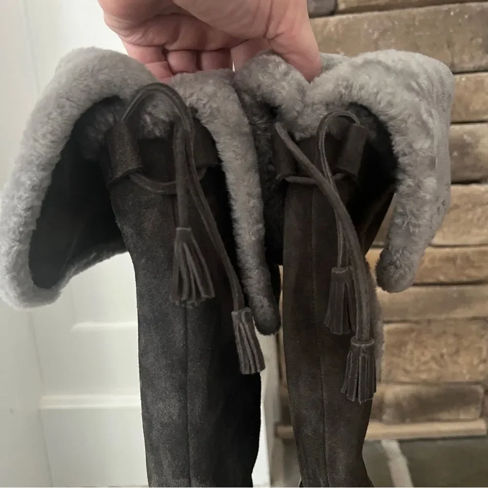 Frye Women's Tamara 7.5 Gray Genuine Shearling Suede Over The Knee Snow Boots